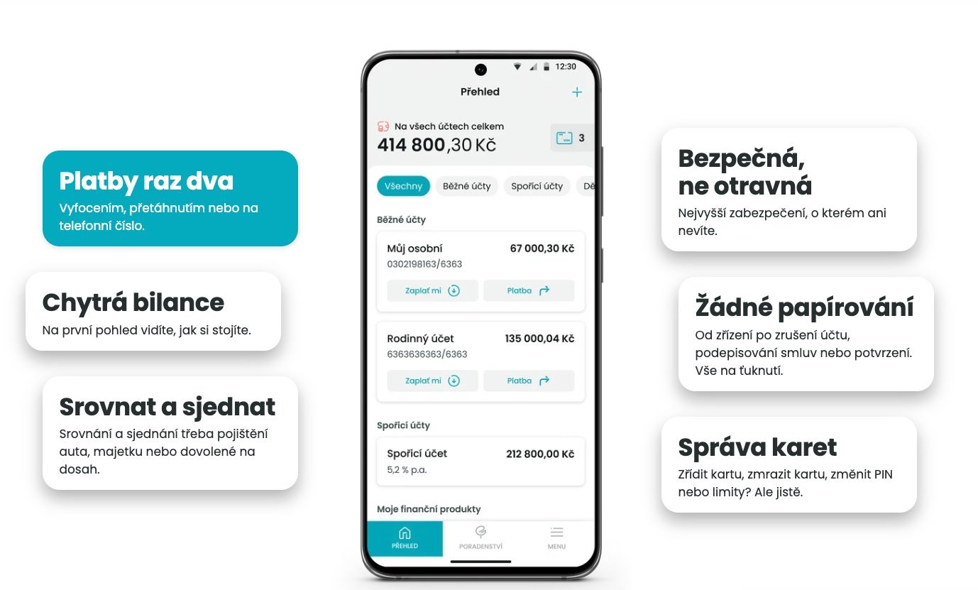 Aplikace Partners s funkcemi: Platby, Chytrá bilance, Srovnat a sjednat, Bezpečná, Žádné papírování, Správa karet